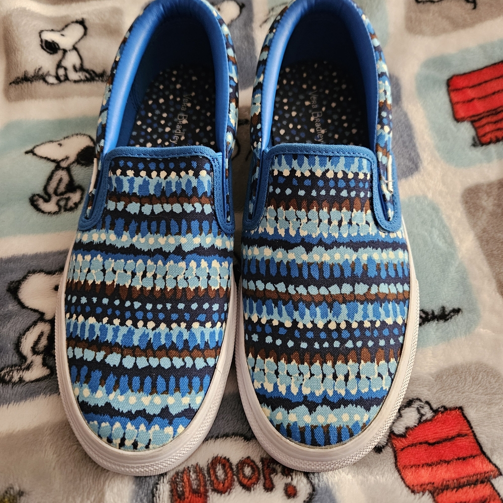 #474- Vera Bradley Blue and Brown Patterned Slip-On Sneakers